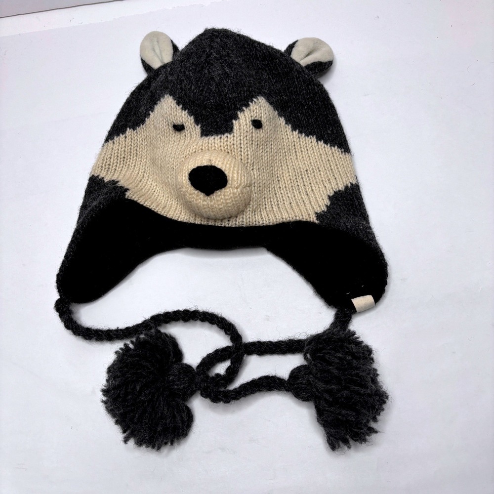 Nirvanna Designs Husky Dog Animal Earflap Hat‎ Hand Knit Wool Fleece Lined Grey